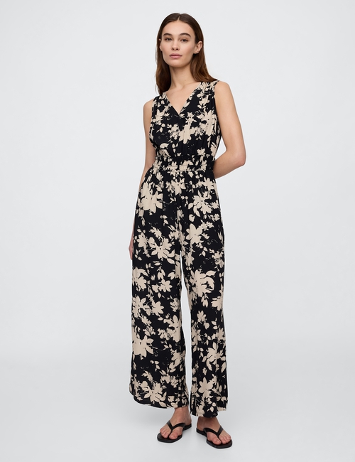 Smocked Wide-Leg V-Neck Jumpsuit
