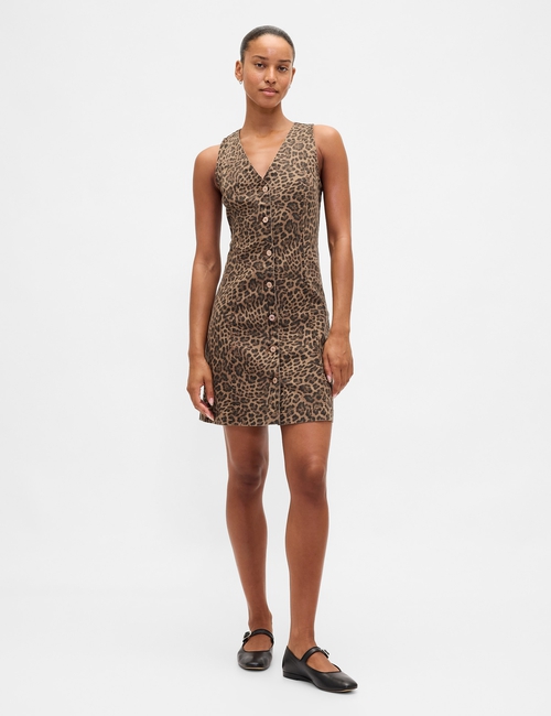Leopard Denim V-Neck Mini Dress