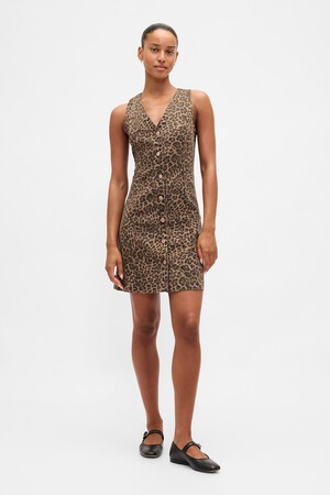 Leopard Denim V-Neck Mini Dress